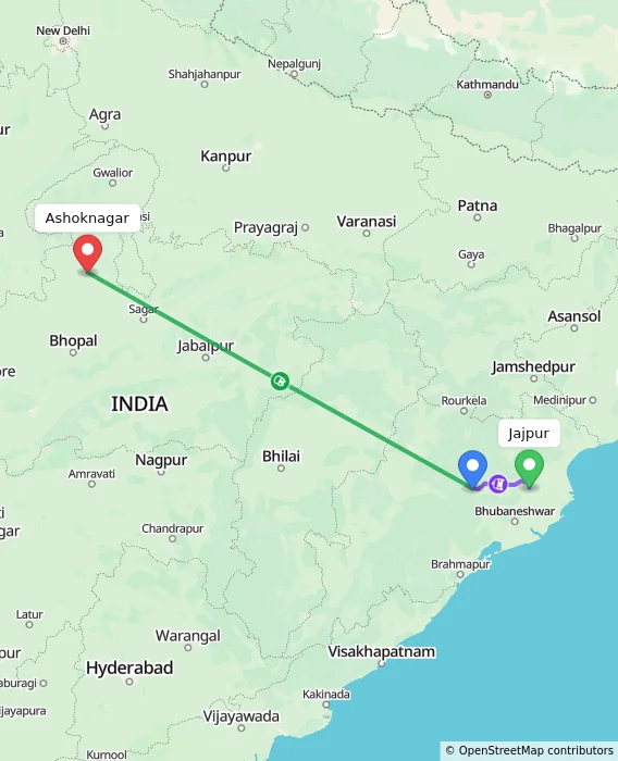 Route map showing distance and travel time from Jajpur, India to Ashoknagar, India