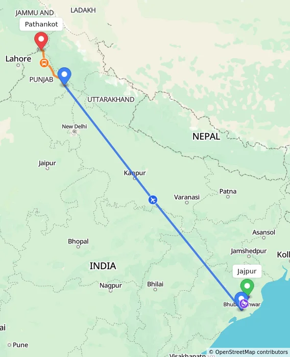 Route map showing distance and travel time from Jajpur, India to Pathankot, India