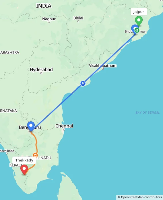 Route map showing distance and travel time from Jajpur, India to Thekkady, India