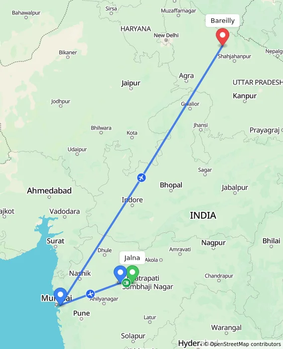 Route map showing distance and travel time from Jalna, India to Bareilly, India