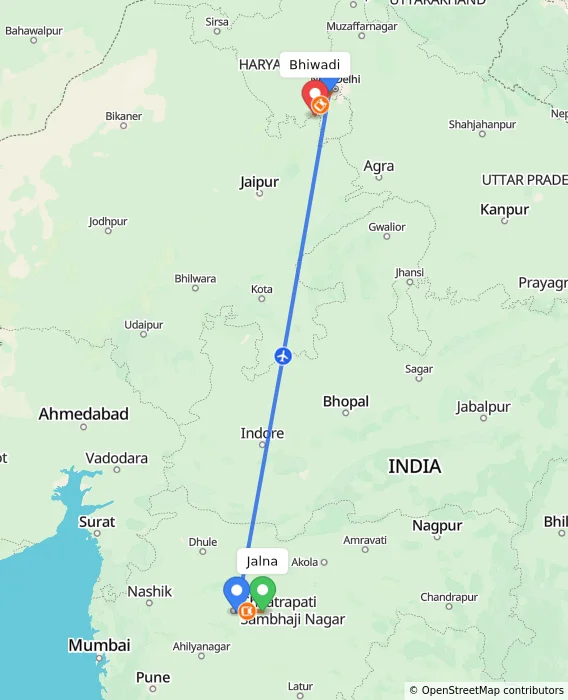 Route map showing distance and travel time from Jalna, India to Bhiwadi, India