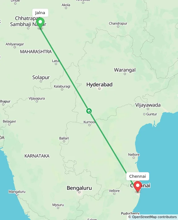 Route map showing distance and travel time from Jalna, India to Chennai, India