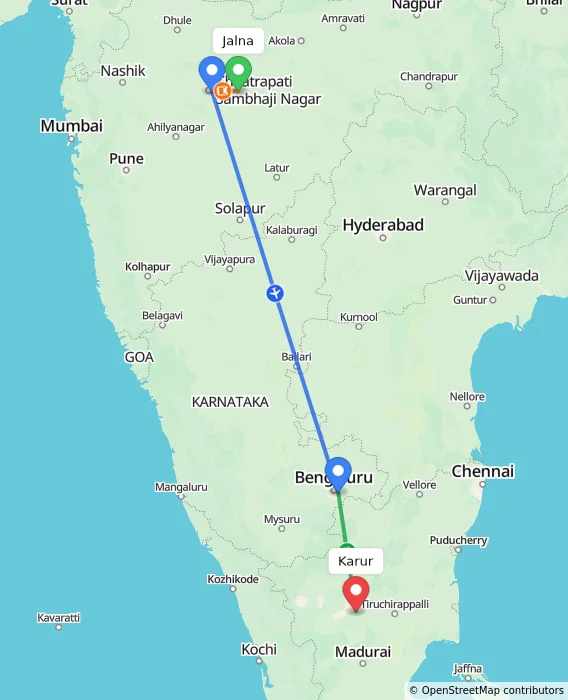 Route map showing distance and travel time from Jalna, India to Karur, India