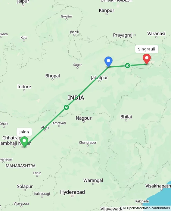 Route map showing distance and travel time from Jalna, India to Singrauli, India