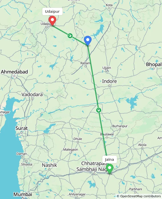 Route map showing distance and travel time from Jalna, India to Udaipur, India