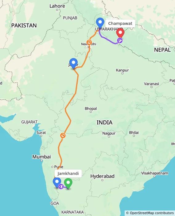 Route map showing distance and travel time from Jamkhandi, India to Champawat, India