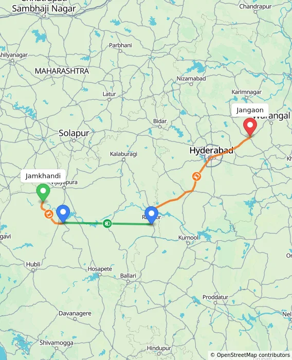 Route map showing distance and travel time from Jamkhandi, India to Jangaon, India