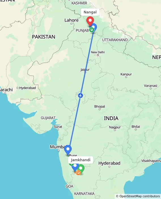 Route map showing distance and travel time from Jamkhandi, India to Nangal, India