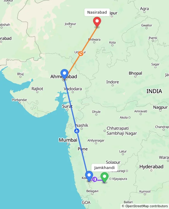 Route map showing distance and travel time from Jamkhandi, India to Nasirabad, India