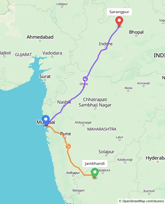Route map showing distance and travel time from Jamkhandi, India to Sarangpur, India