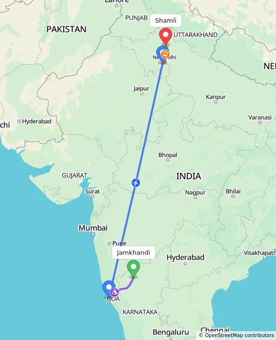 Route map showing distance and travel time from Jamkhandi, India to Shamli, India