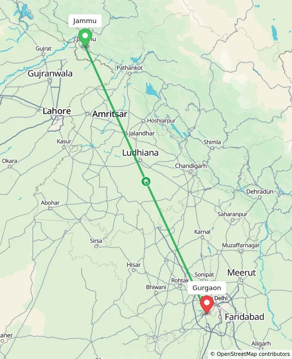 Route map showing distance and travel time from Jammu, India to Gurgaon, India