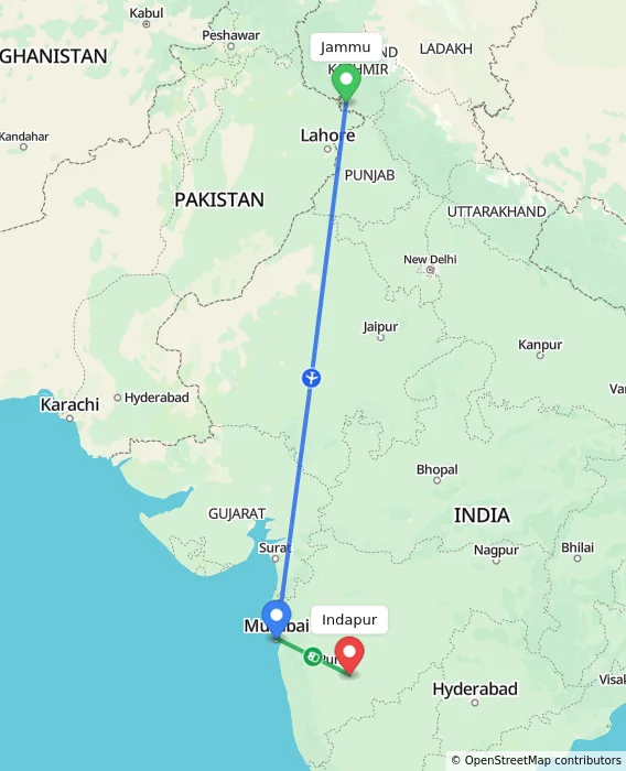 Route map showing distance and travel time from Jammu, India to Indapur, India