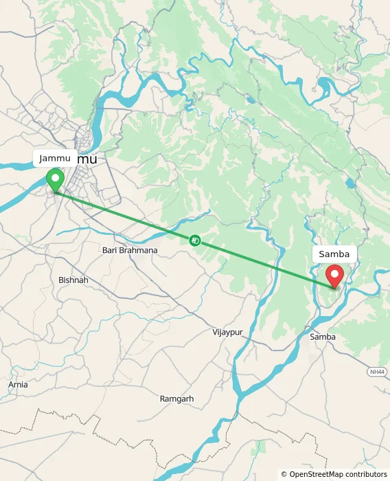 Route map showing distance and travel time from Jammu, India to Samba, India