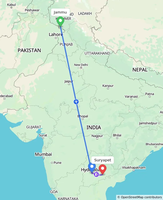 Route map showing distance and travel time from Jammu, India to Suryapet, India
