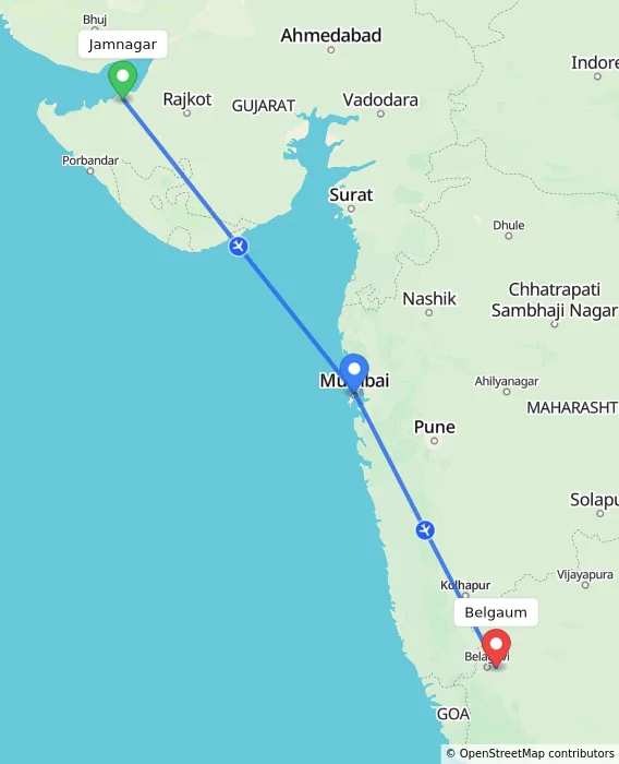 Route map showing distance and travel time from Jamnagar, India to Belgaum, India