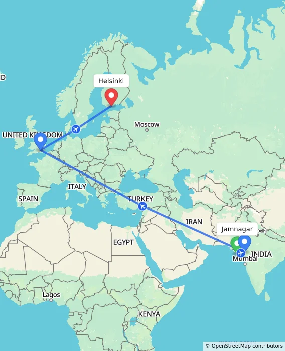 Route map showing distance and travel time from Jamnagar, India to Helsinki, Finland