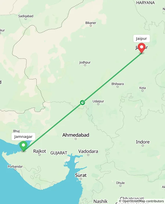 Route map showing distance and travel time from Jamnagar, India to Jaipur, India