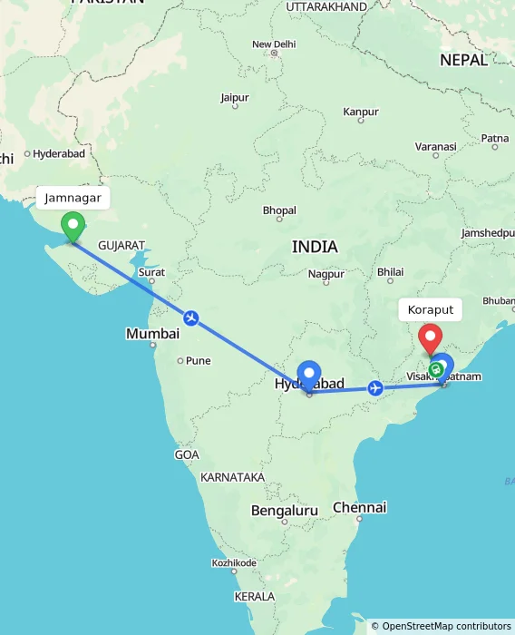 Route map showing distance and travel time from Jamnagar, India to Koraput, India