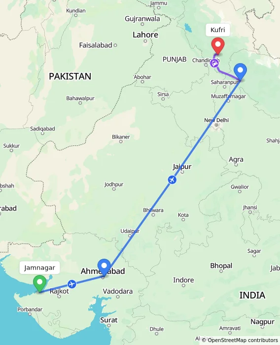 Route map showing distance and travel time from Jamnagar, India to Kufri, India