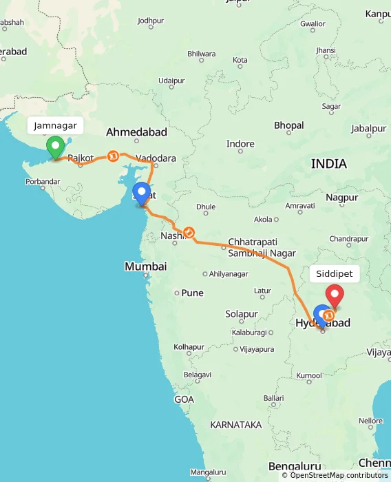 Route map showing distance and travel time from Jamnagar, India to Siddipet, India