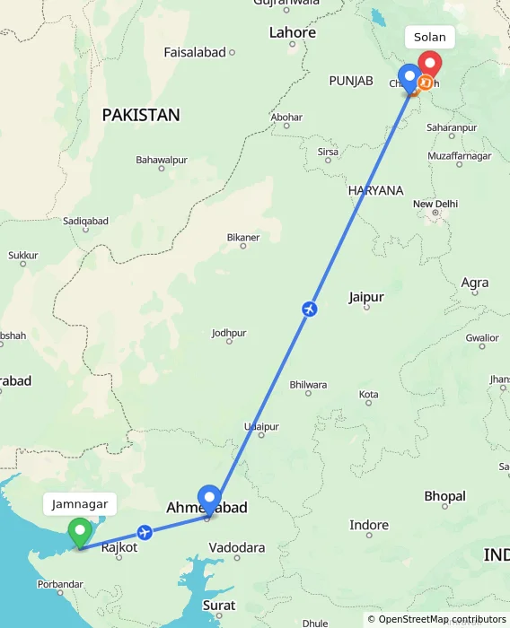 Route map showing distance and travel time from Jamnagar, India to Solan, India