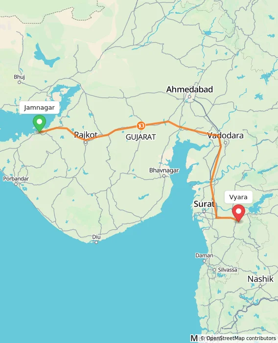 Route map showing distance and travel time from Jamnagar, India to Vyara, India