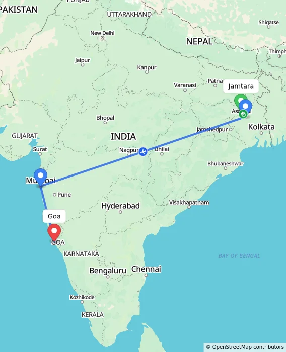 Route map showing distance and travel time from Jamtara, India to Goa, India