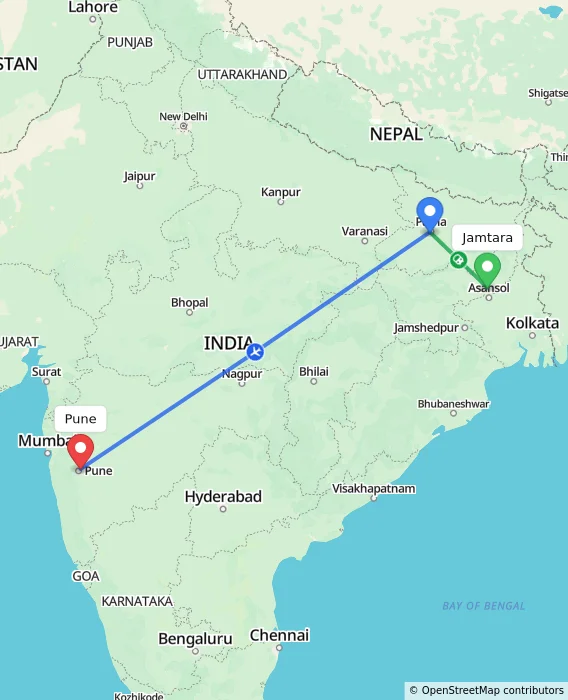 Route map showing distance and travel time from Jamtara, India to Pune, India