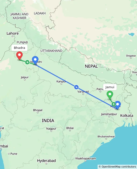 Route map showing distance and travel time from Jamui, India to Bhadra, India