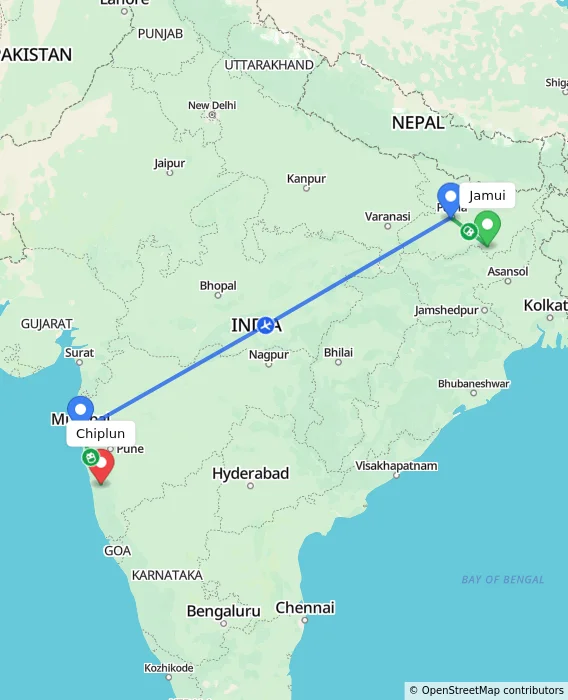 Route map showing distance and travel time from Jamui, India to Chiplun, India