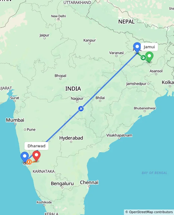 Route map showing distance and travel time from Jamui, India to Dharwad, India