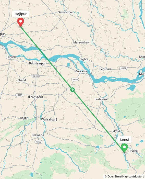 Route map showing distance and travel time from Jamui, India to Hajipur, India