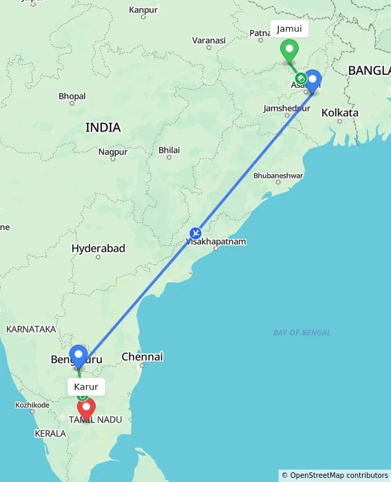 Route map showing distance and travel time from Jamui, India to Karur, India