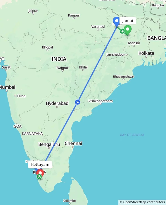 Route map showing distance and travel time from Jamui, India to Kottayam, India