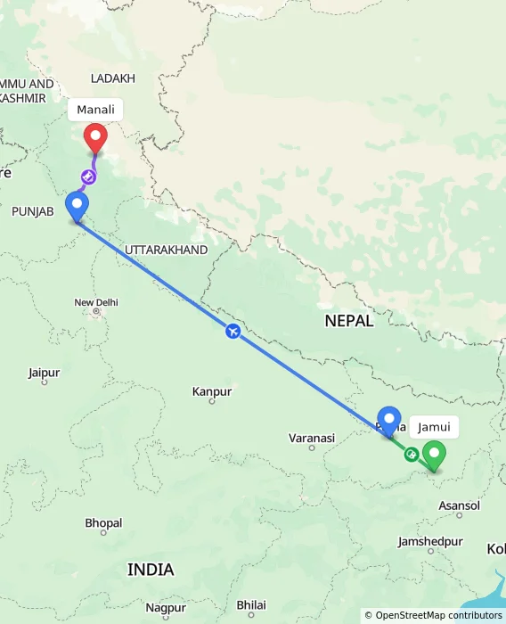 Route map showing distance and travel time from Jamui, India to Manali, India