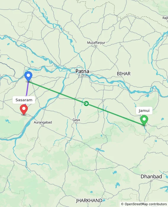 Route map showing distance and travel time from Jamui, India to Sasaram, India