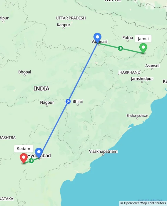 Route map showing distance and travel time from Jamui, India to Sedam, India