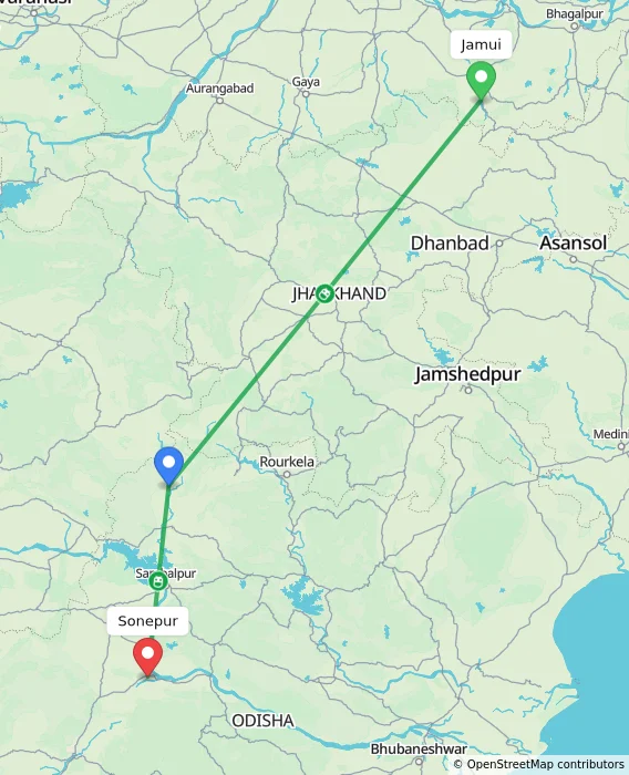 Route map showing distance and travel time from Jamui, India to Sonepur, India