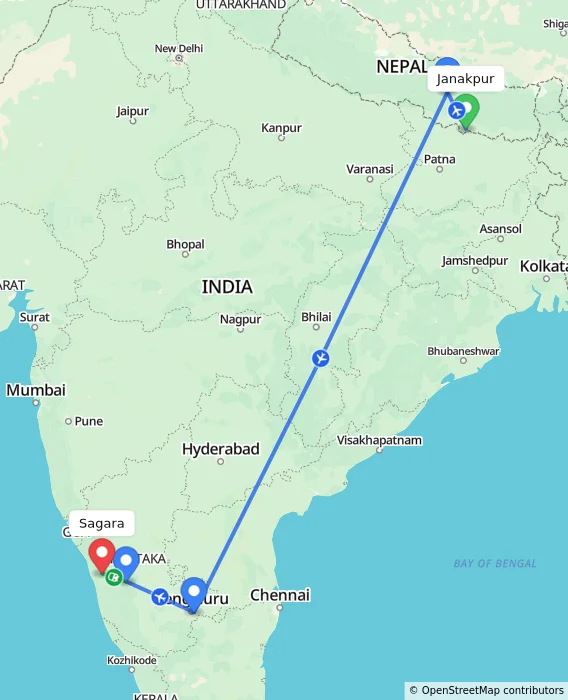 Route map showing distance and travel time from Janakpur, Nepal to Sagara, India