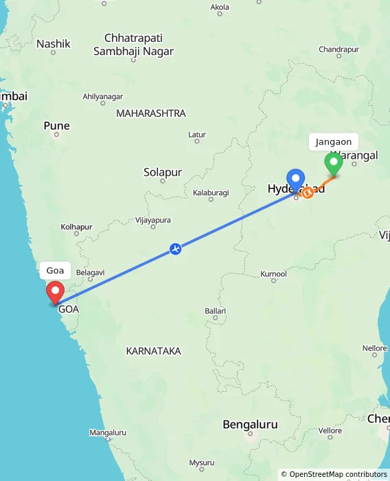 Route map showing distance and travel time from Jangaon, India to Goa, India