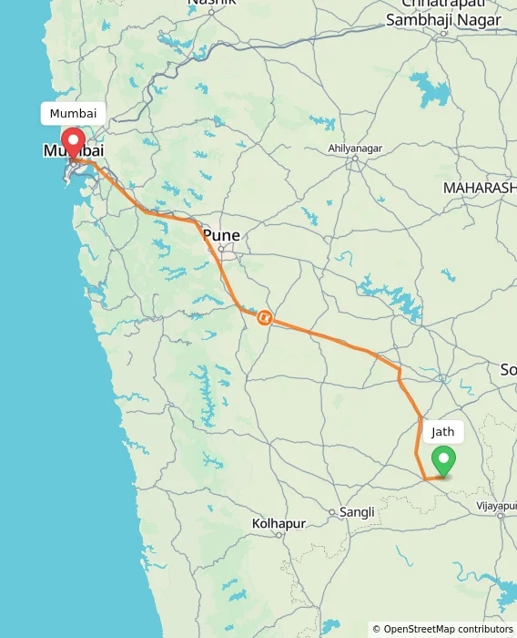 Route map showing distance and travel time from Jath, India to Mumbai, India
