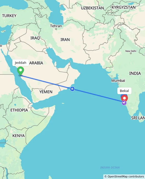 Route map showing distance and travel time from Jeddah, Saudi Arabia to Bekal, India