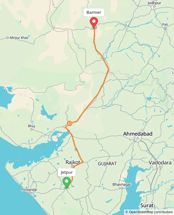 Route map showing distance and travel time from Jetpur, India to Barmer, India