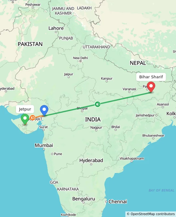 Route map showing distance and travel time from Jetpur, India to Bihar Sharif, India