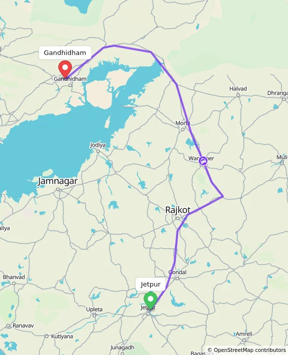 Route map showing distance and travel time from Jetpur, India to Gandhidham, India