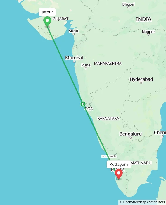 Route map showing distance and travel time from Jetpur, India to Kottayam, India