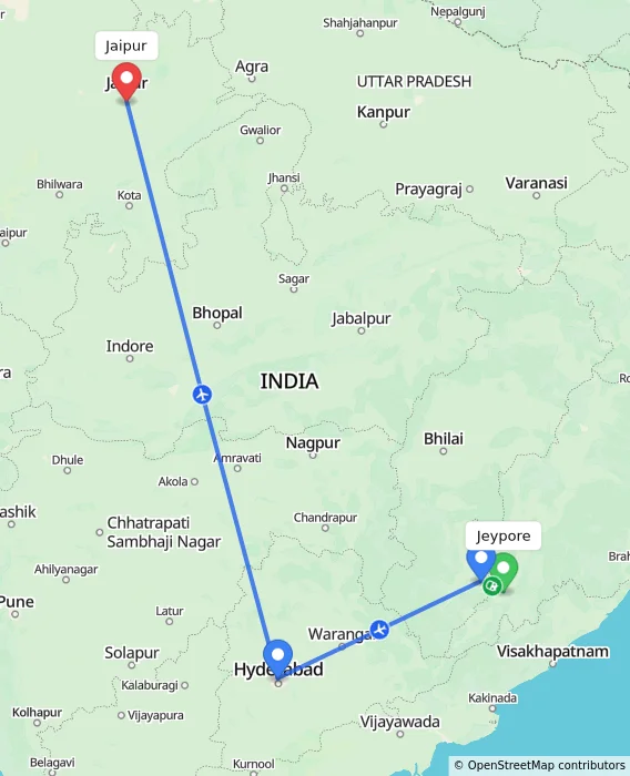 Route map showing distance and travel time from Jeypore, India to Jaipur, India