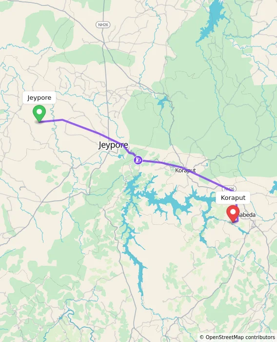 Route map showing distance and travel time from Jeypore, India to Koraput, India