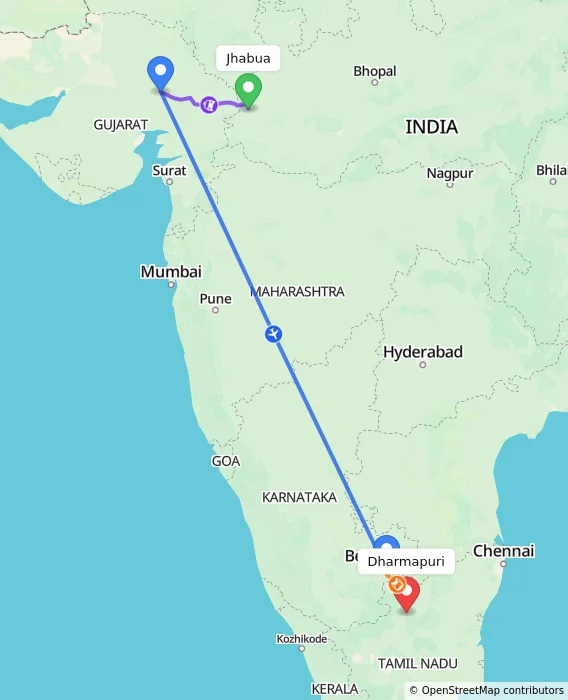 Route map showing distance and travel time from Jhabua, India to Dharmapuri, India